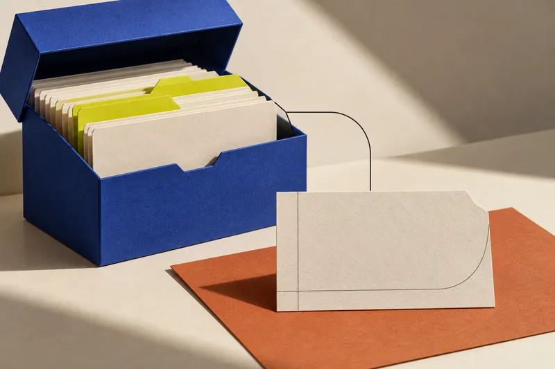 A cobalt paper archive with considered ivory and citron file dividers.